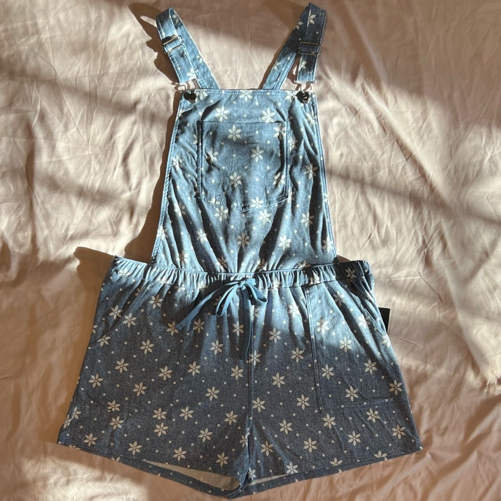 Blue Floral Overall Shorts Romper Adjustable Drawstring XXXL